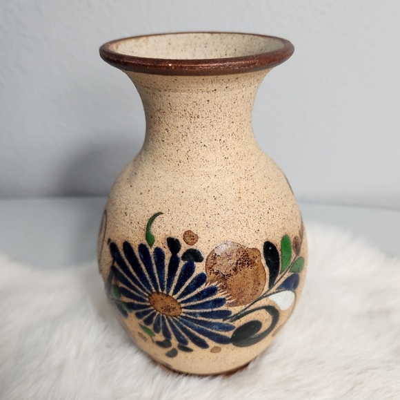 Mexican Tonala Sandstone Pottery Folk Art Floral Vase-6" - Picture 1 of 6
